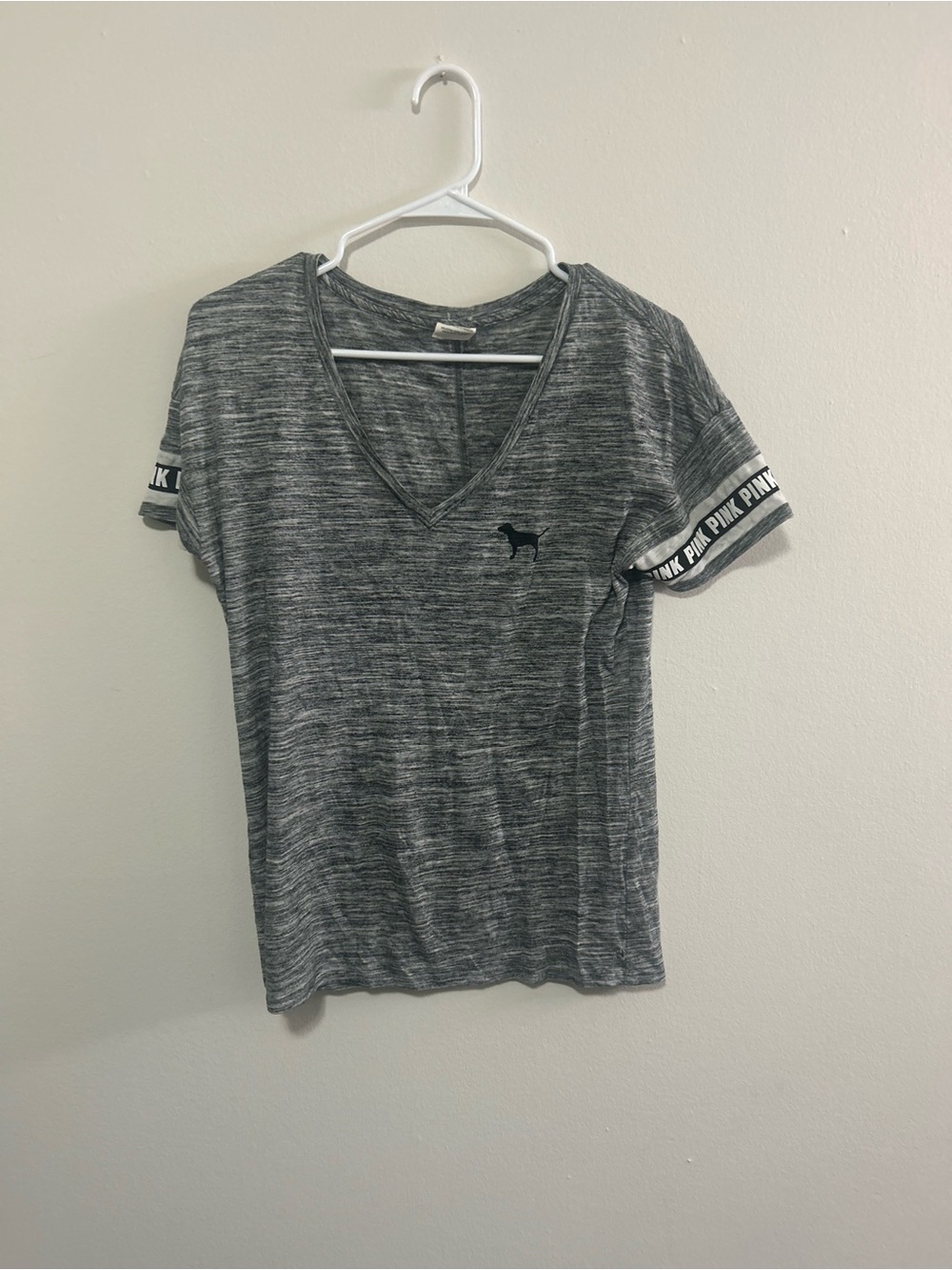 PINK Victoria's Secret Heather Gray V‑Neck Tee with Branded Sleeve Trim